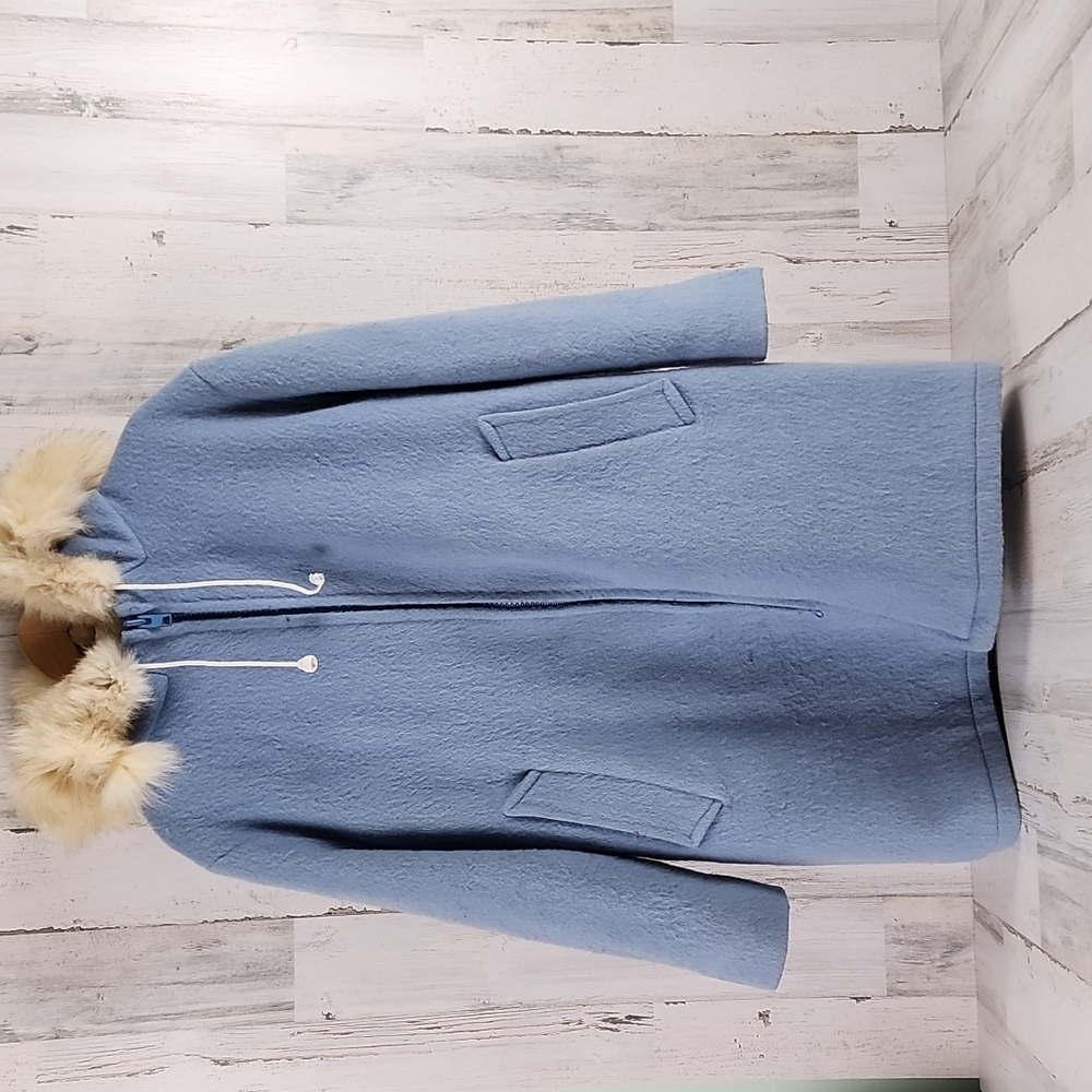 RARE Vintage Hudson's Bay Company 100% pure virgin wool blue coat fur trim MED